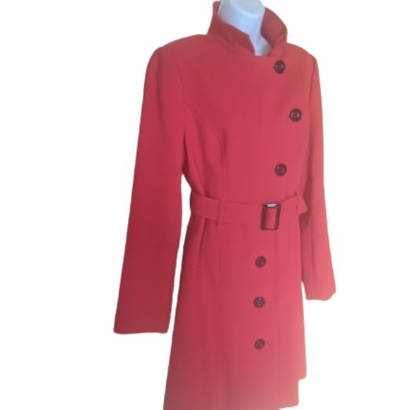 Bright Red Belted Peacoat Size Large - Picture 2 of 10